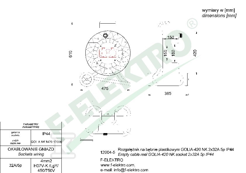 Rozgałęźnik bębnowy, GOLIA-420 NK 2x16A - 12004-3